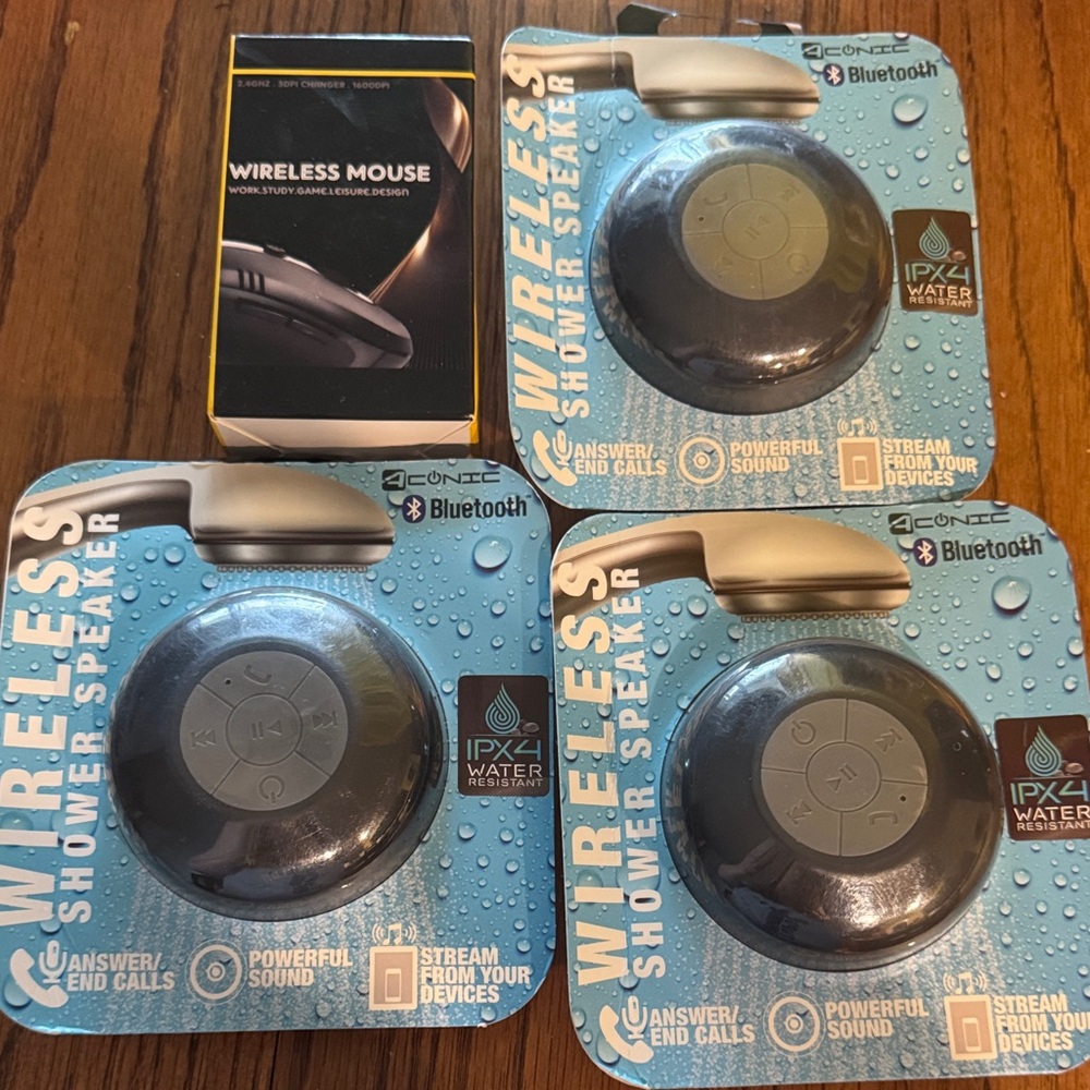 3 Black Wireless Shower Speaker and wireless mouse